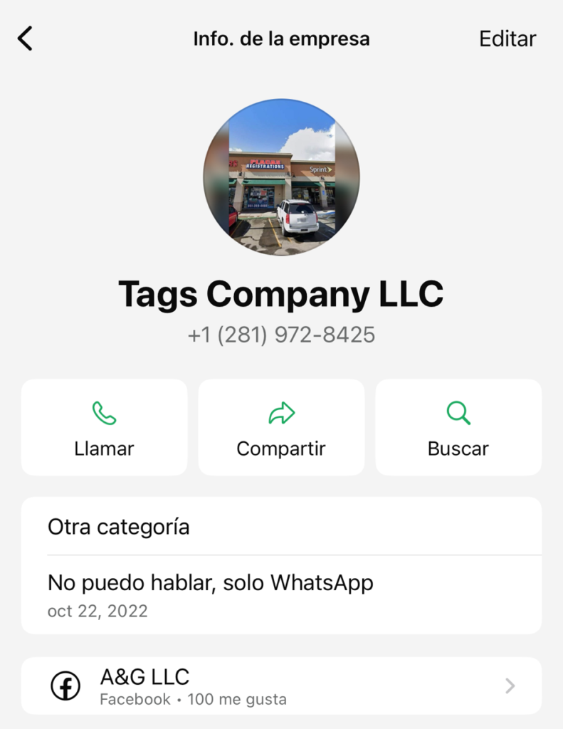 Perfil falso de WhatsApp con el número +1 (281) 972-8425 que se hace pasar por AseguranzaDeAuto.com
