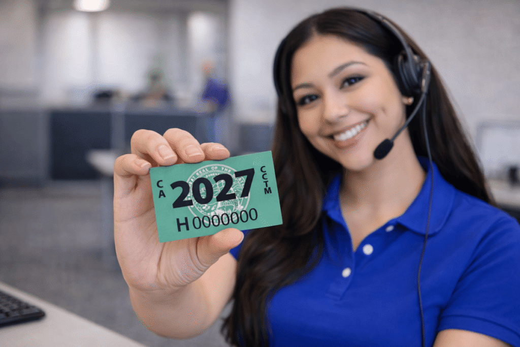 Cliente muestra el nuevo sticker de placas 2027 tras renovar en Aseguranzadeauto.com